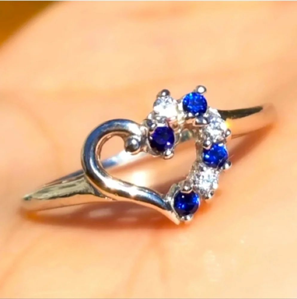 10k Solid White Gold Genuine Blue Sapphire & Simulated Diamond Heart Ring